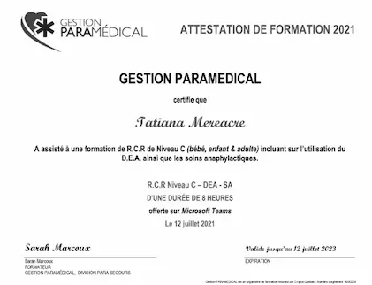 Attestation de formation, Gestion Paramedical