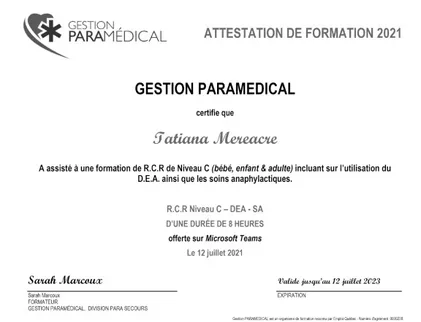 Attestation de formation, Gestion Paramedical